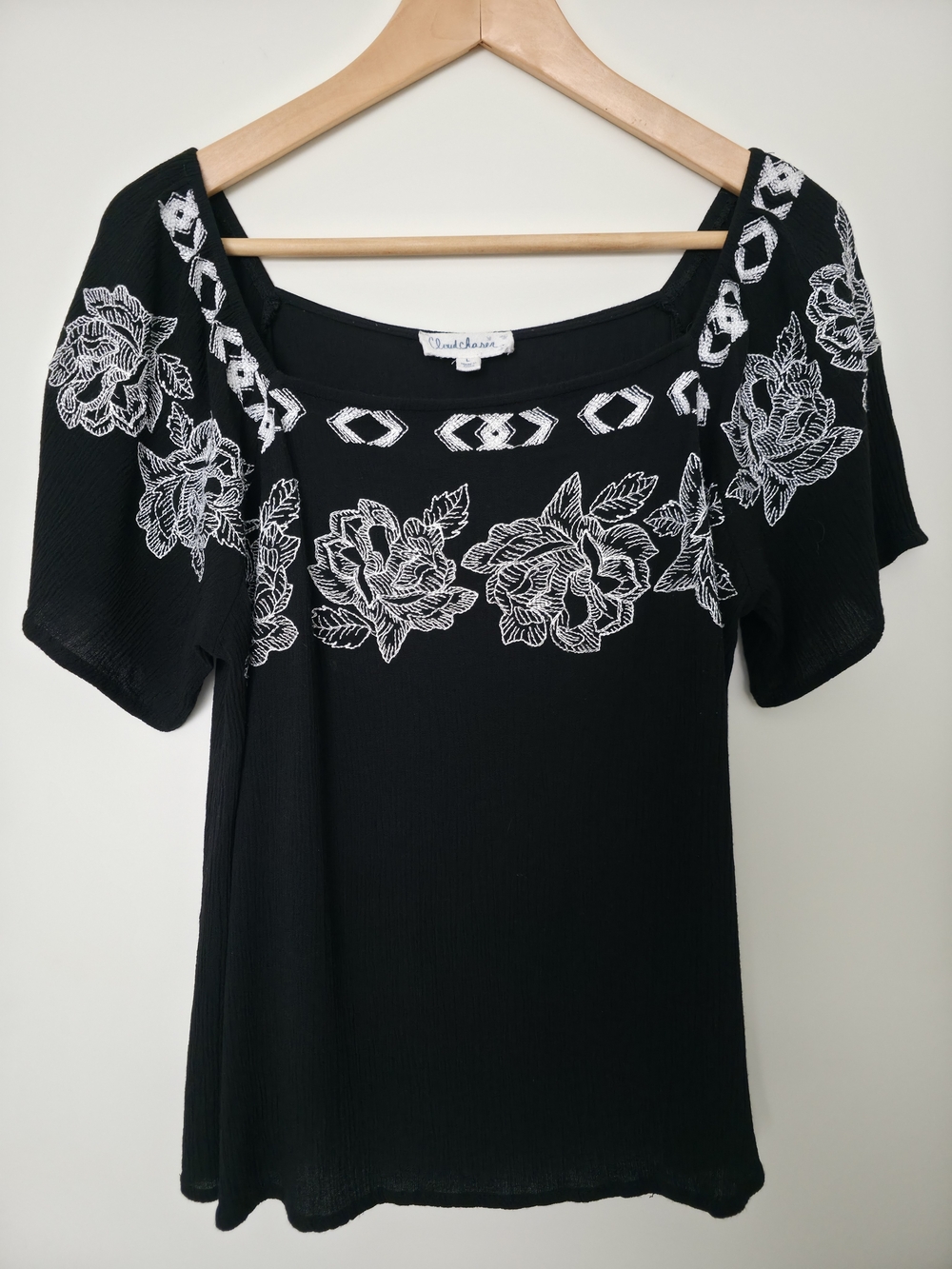 Black Embroidered Square Neck Blouse - Vintage Chic
